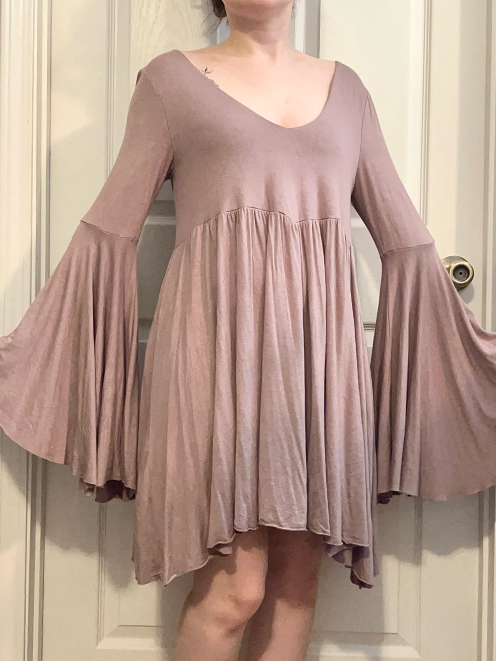 Free People Beach Mauve Loose Flowy Babydoll Dress with Bell Sleeves